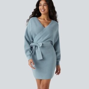Crossover V Neck Batwing Long Sleeve Belted Mini Casual Sweater Dress